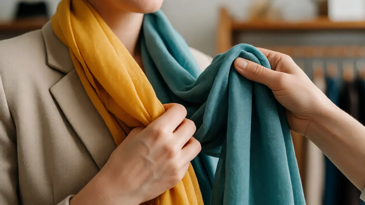 Hands comparing two scarf colors against a blazer to test skin harmony.
