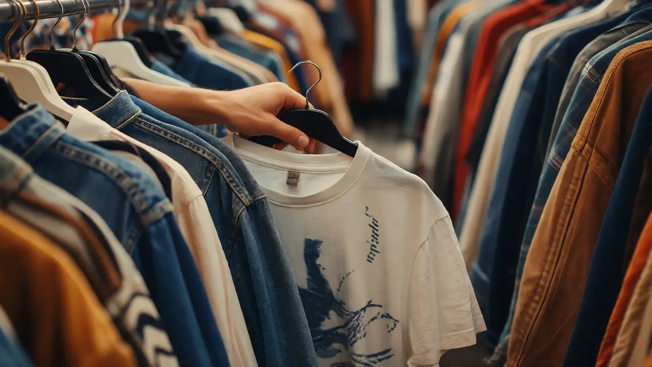 Hands selecting quality secondhand clothes from a thrift store rack.