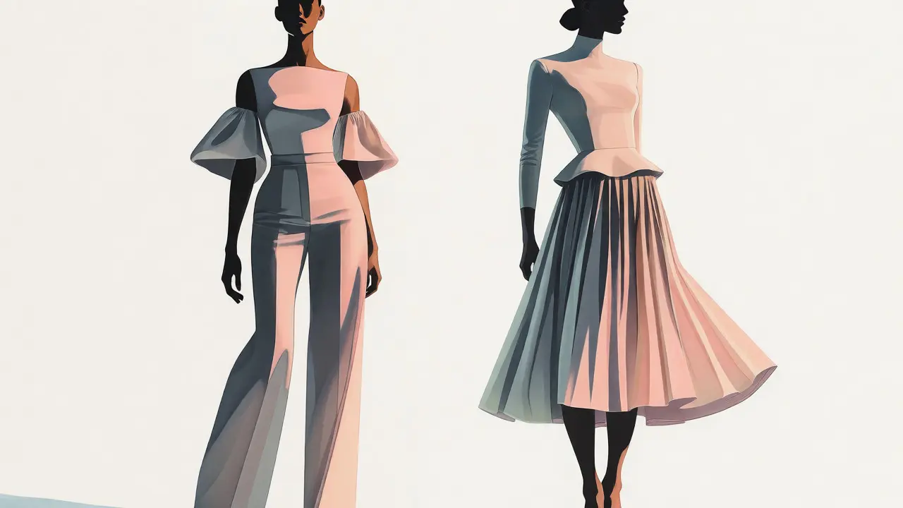 Illustration of pear and inverted triangle shapes in balanced outfits