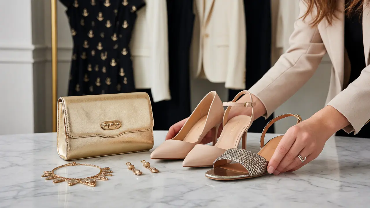 Luxury accessories including heels, clutch, and jewelry arranged on marble