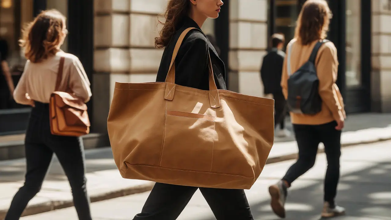 Model carrying an oversized structured tote on a city street