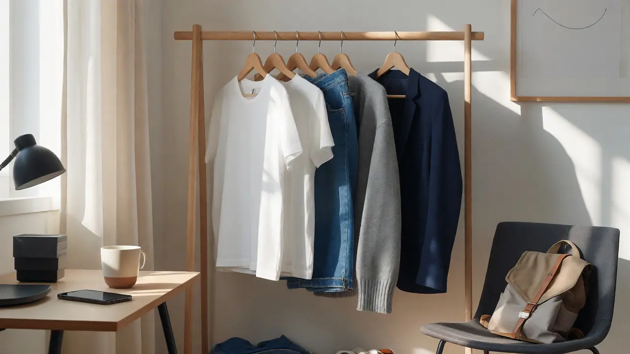 Organized capsule wardrobe of neutral basics in a bright student room.