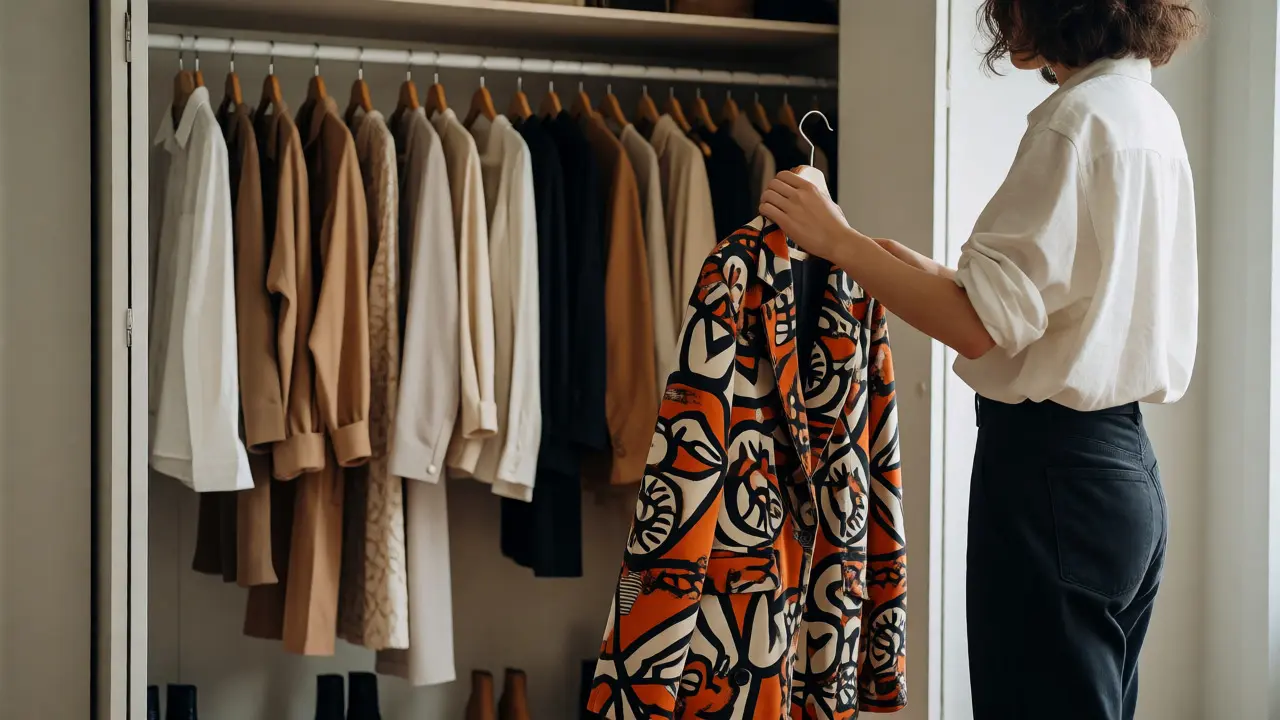 Person choosing a statement piece from a curated capsule wardrobe