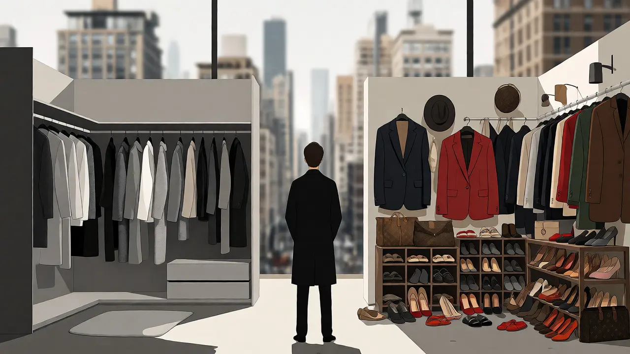Person choosing between organized minimalist wardrobe and cluttered maximalist collection.