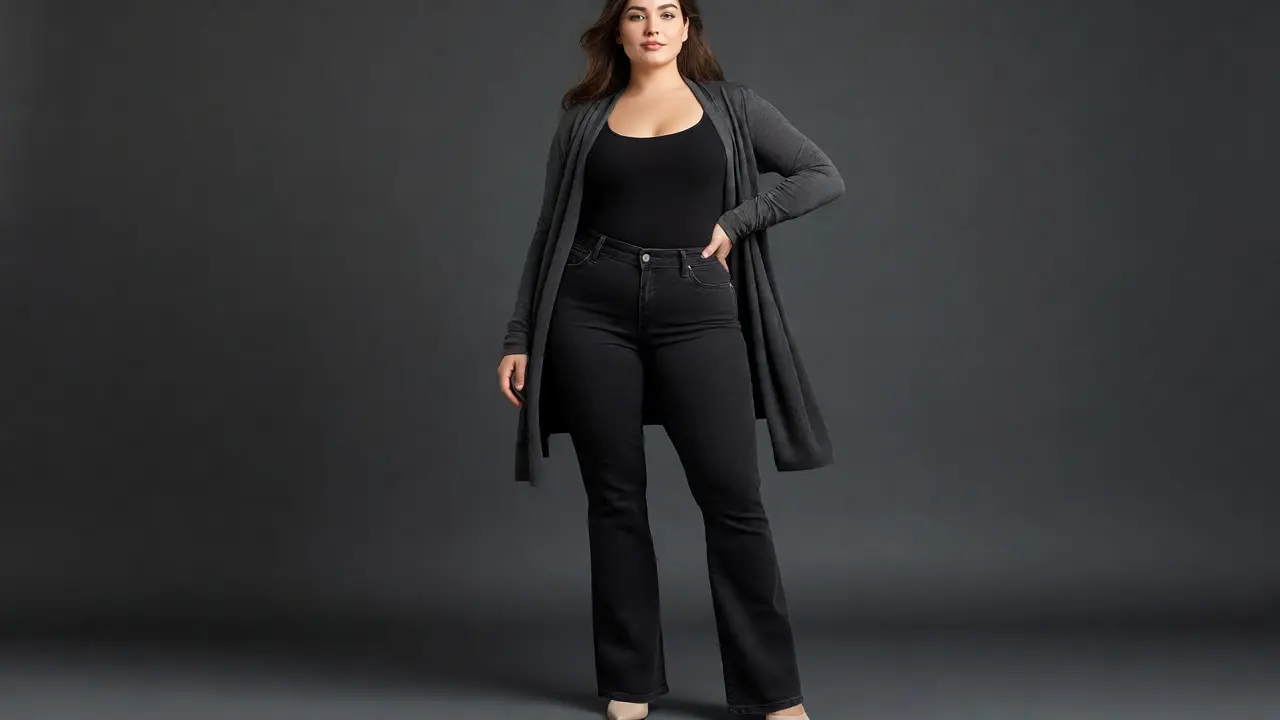 Plus-size woman in monochrome outfit with open cardigan and boots