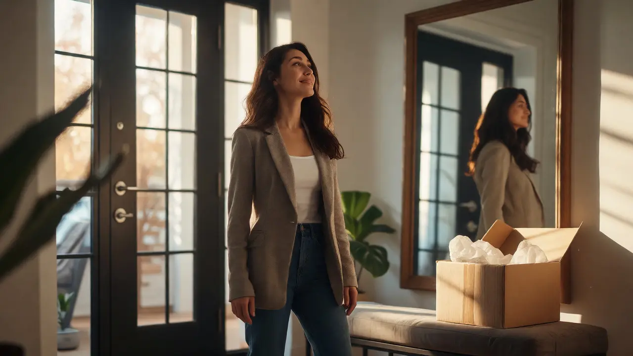 Professional woman trying on a rented blazer next to a delivery box in her home.