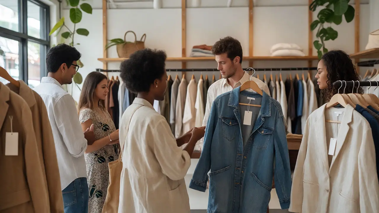 Shoppers carefully examining clothing tags and materials in a bright, modern sustainable retail store.
