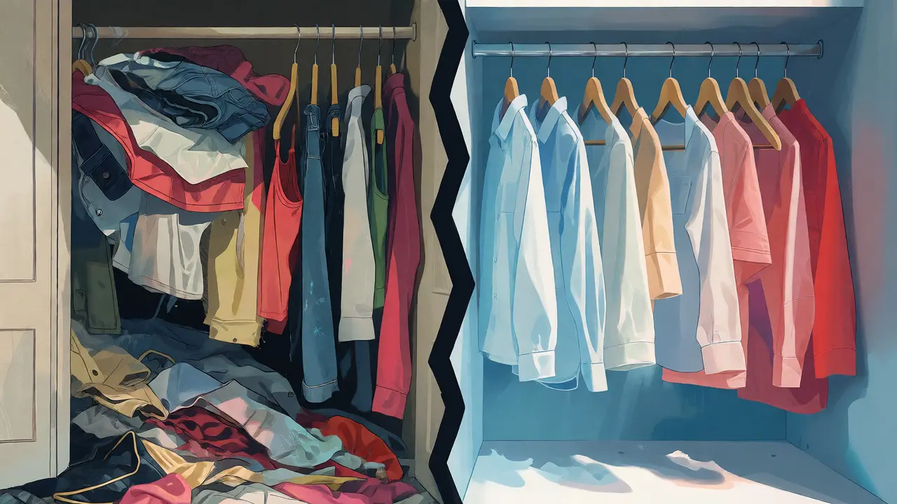 Split view showing a cluttered fast fashion closet versus a neat, high-quality wardrobe.