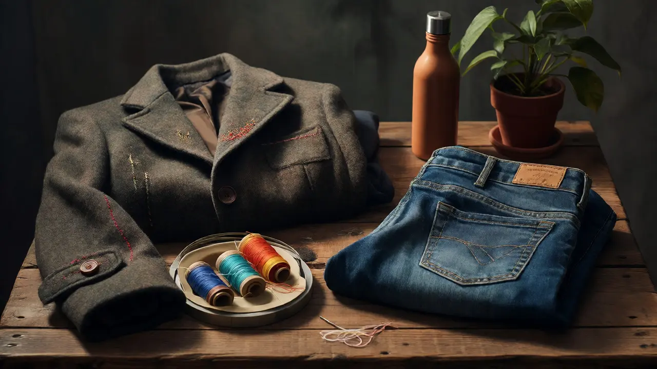 Still life of durable clothing, a sewing kit, and a plant on a wooden table symbolizing garment care.