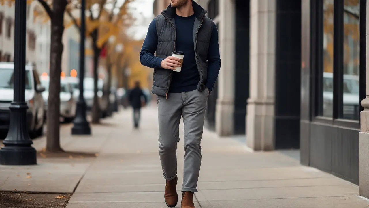 Stylish man in a charcoal knit vest and chinos walking outdoors