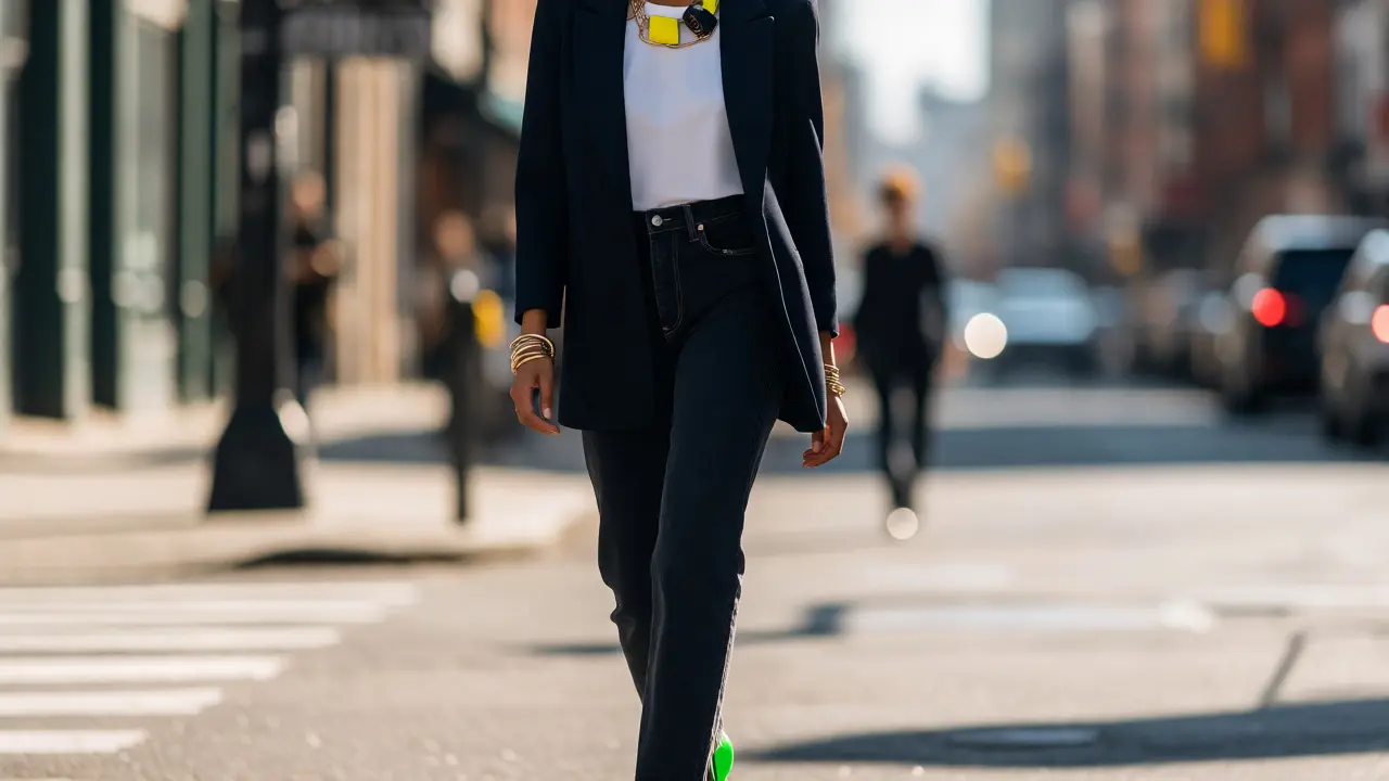 Stylish person wearing minimalist clothes with bold maximalist accessories on a city street.