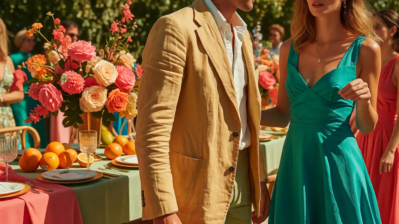 Summer wedding guests in light linen and turquoise attire outdoors