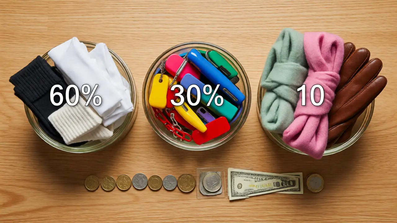 Three bowls containing clothes representing different budget categories