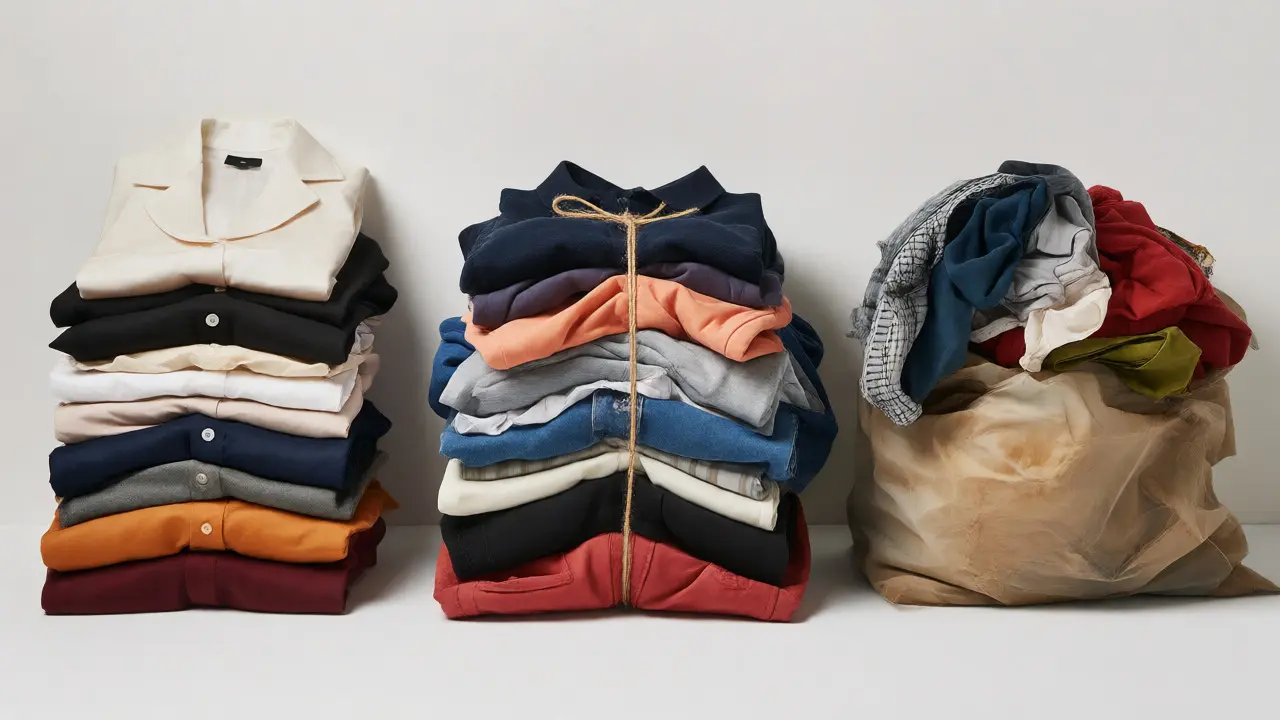 Three organized piles of clothing categorized for resale, donation, and recycling.