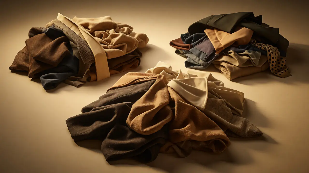 Three piles of folded clothes categorized for wardrobe evaluation