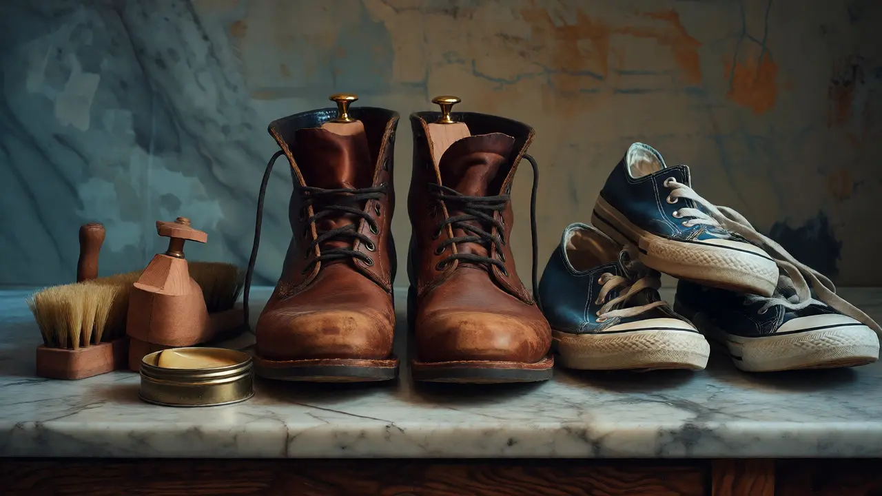 Well-maintained leather boots with care tools contrasted with worn-out sneakers.