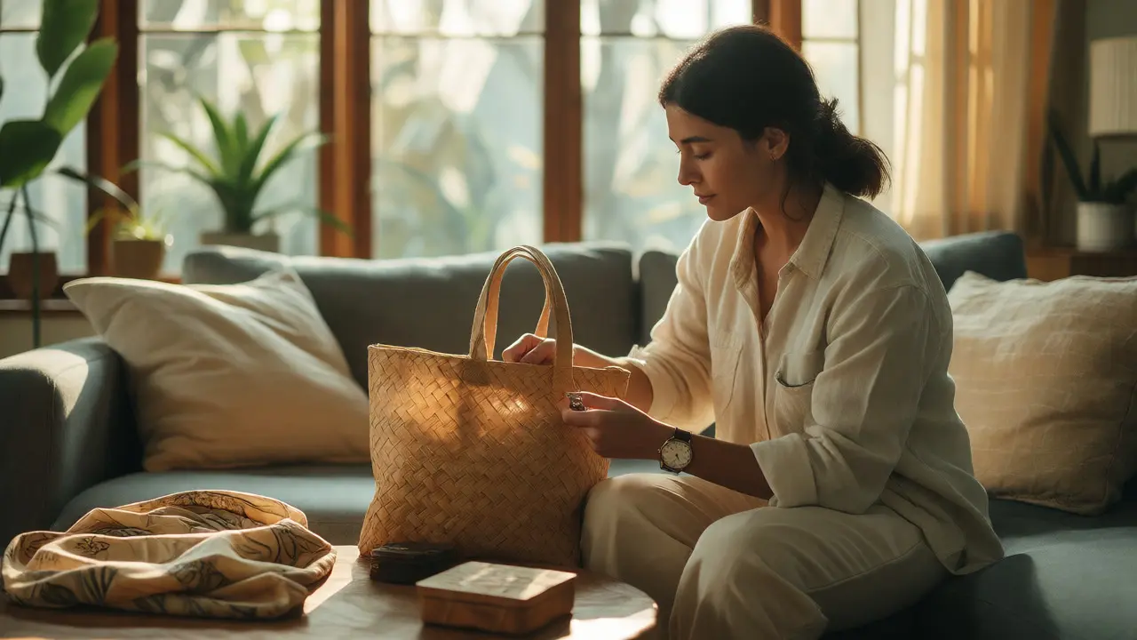 Woman examining sustainable pineapple fiber bag at home