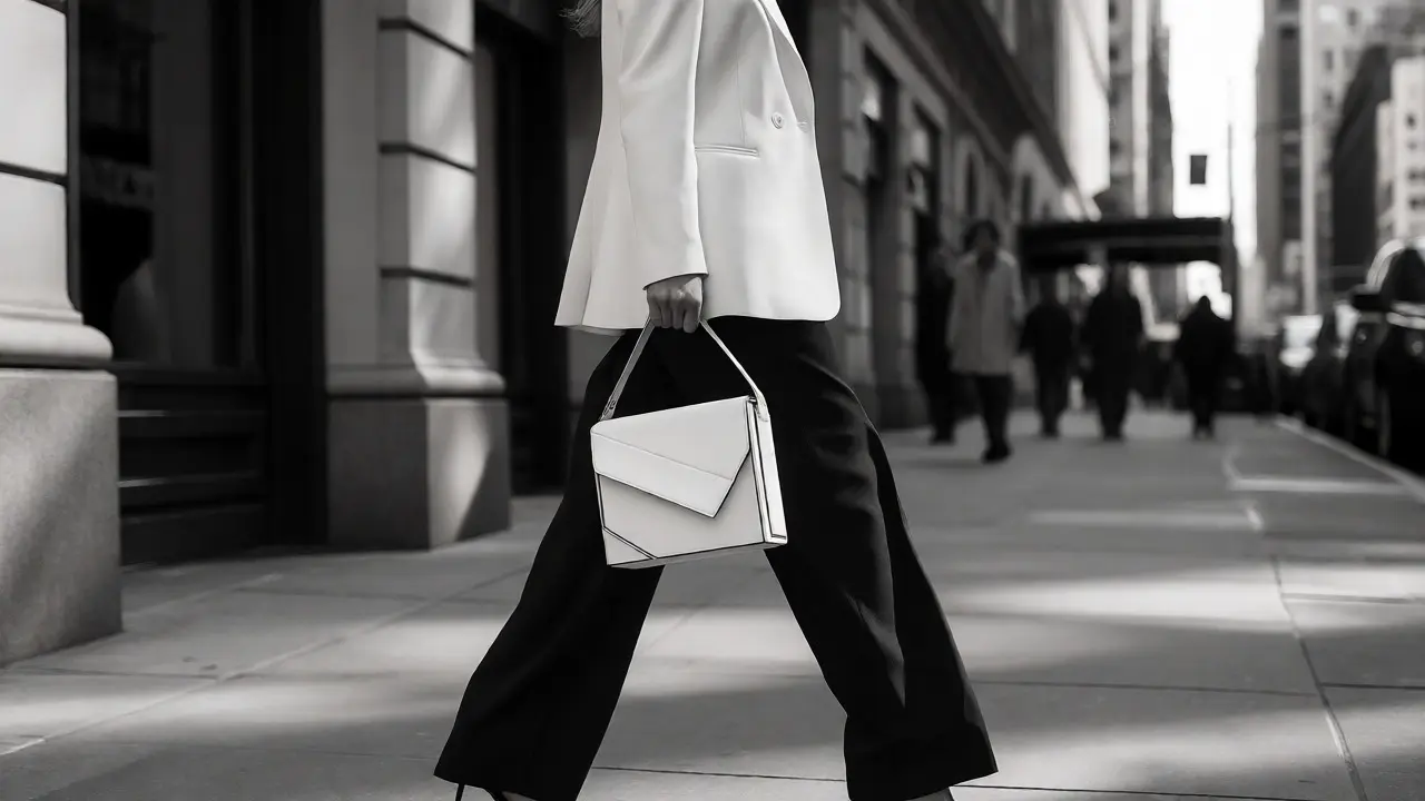 Woman in a tailored suit carrying a structured geometric bag on a city street.