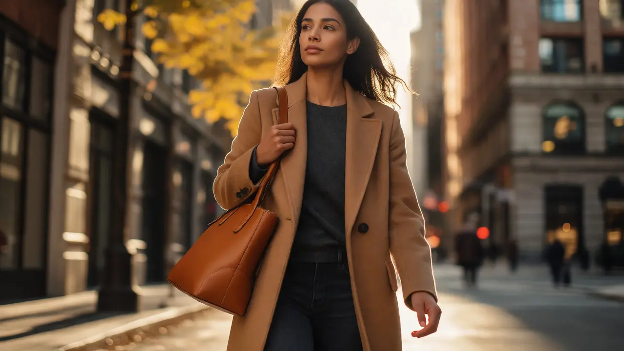 Woman in camel coat carrying a tan leather tote on city street