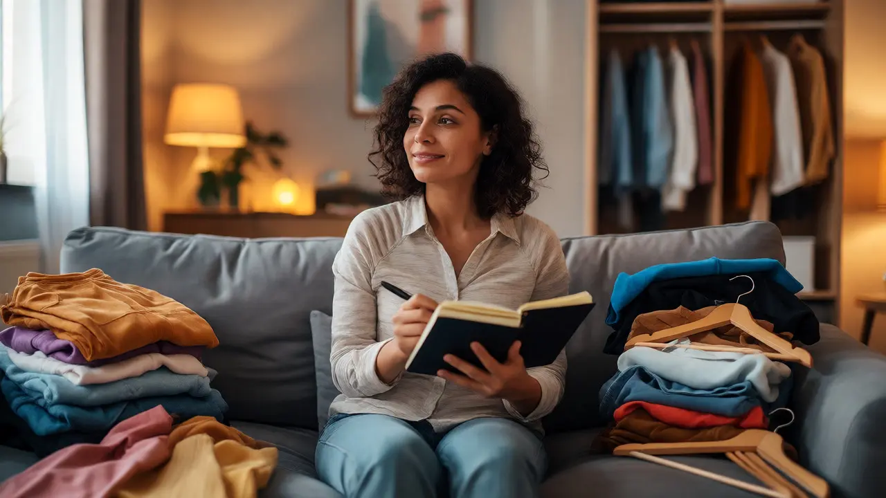 Woman reviewing clothes and notes in a bedroom