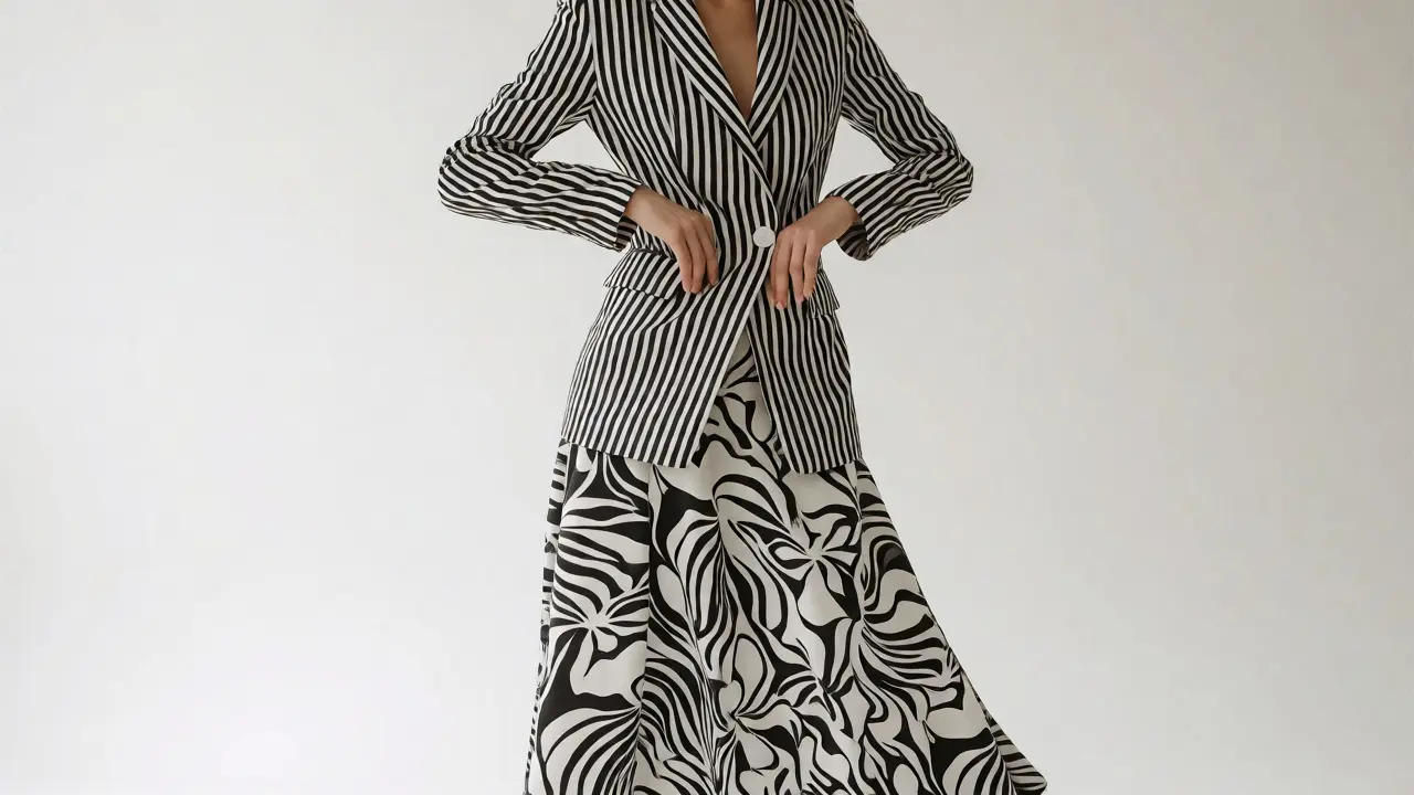 Woman wearing striped blazer and floral skirt demonstrating geometric and organic pattern mixing